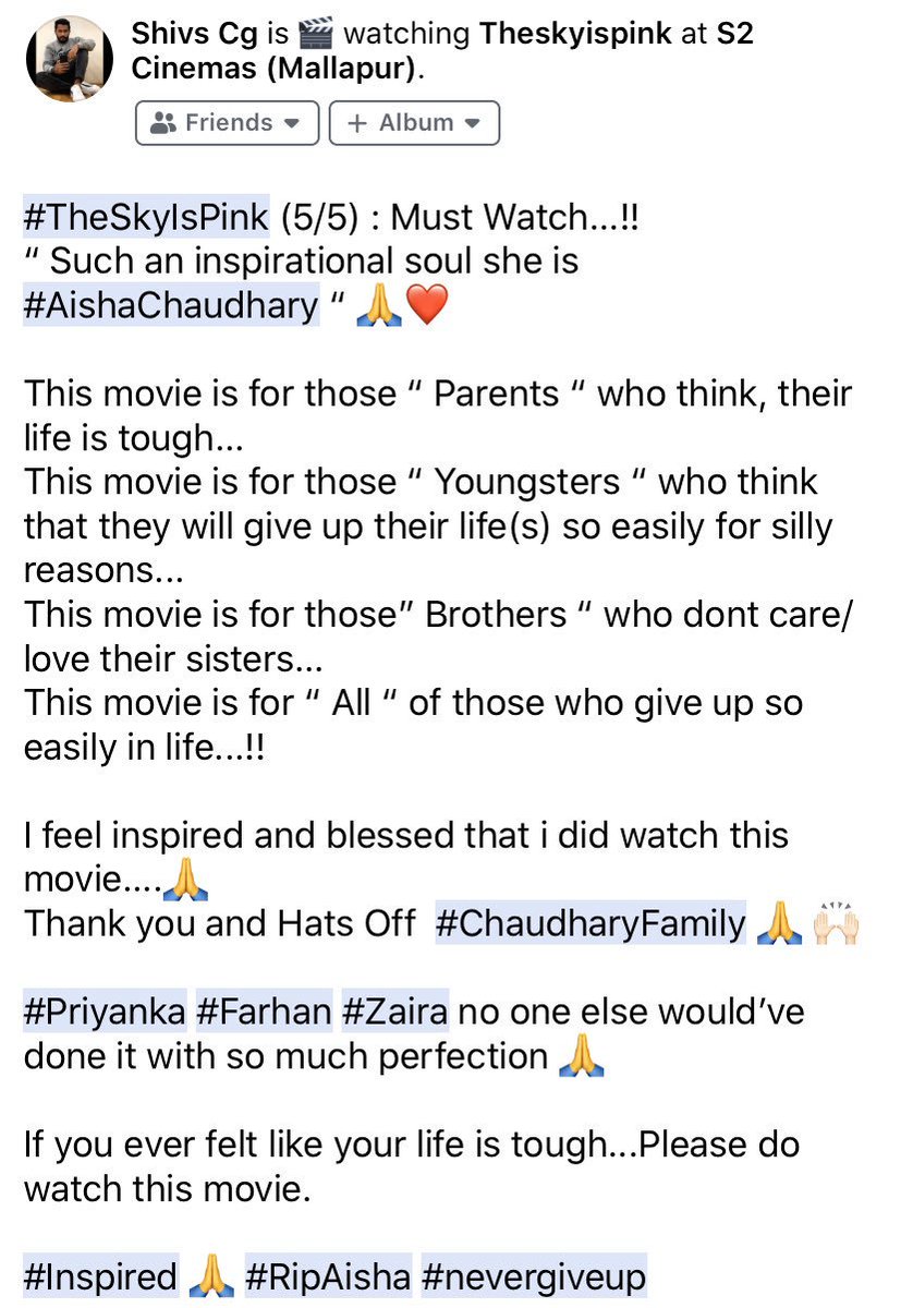 ShivsCg's tweet photo. #TheSkyIsPinkReview #bestmovie #inspired 🙏 @ZairaWasimmm 🙏 you just nailed it. 
@priyankachopra and @FarOutAkhtar maan no one else would’ve done it like you guys did 🙏🙌🏻
Thank you team #TheSkyIsPink for inspiring me. https://t.co/n2XtnzwYIj