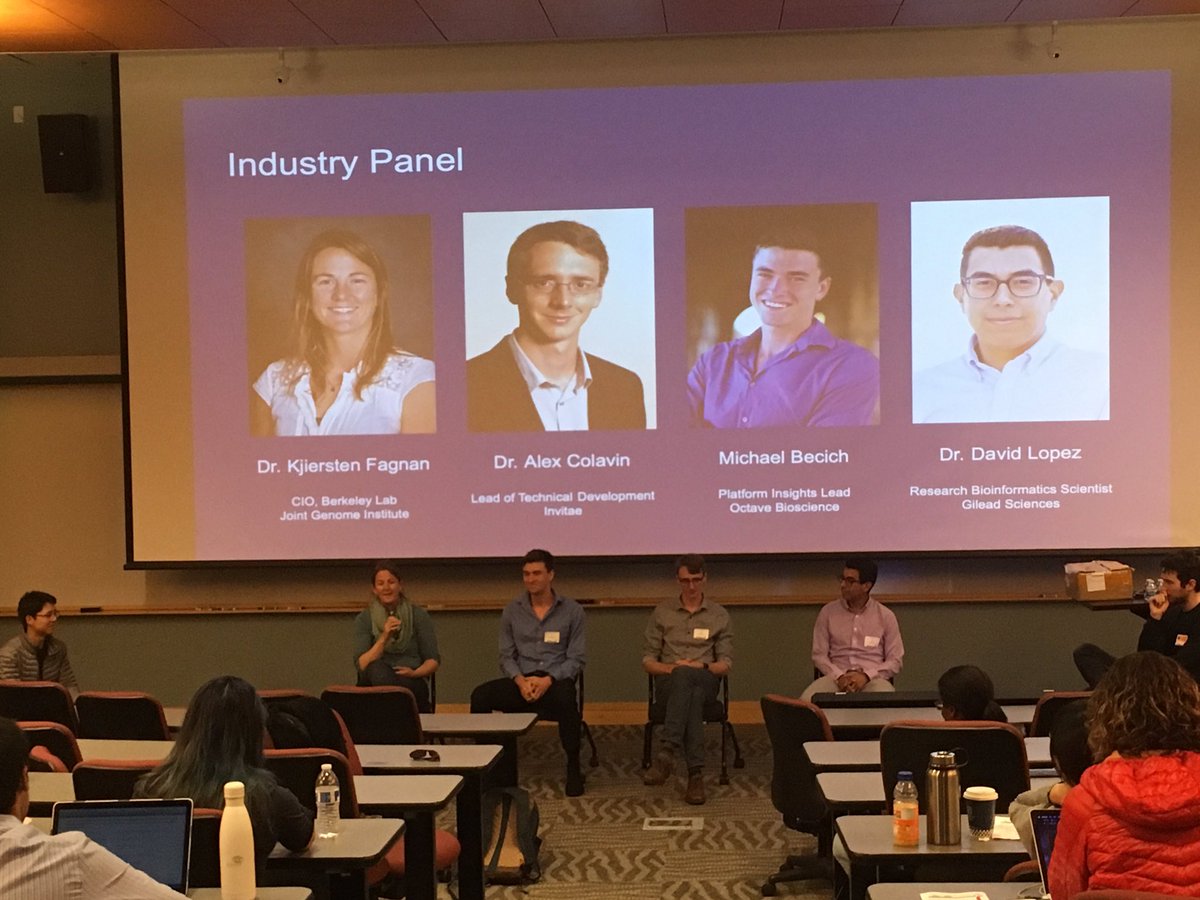 NorCalCompBio's tweet photo. Industry Panel: 
Kjiersten Fagnan @jgi 
Alex Colavin @Invitae 
Michael Becich (Octave Bioscience) 
David López @GileadSciences https://t.co/4CCmx0P2dn