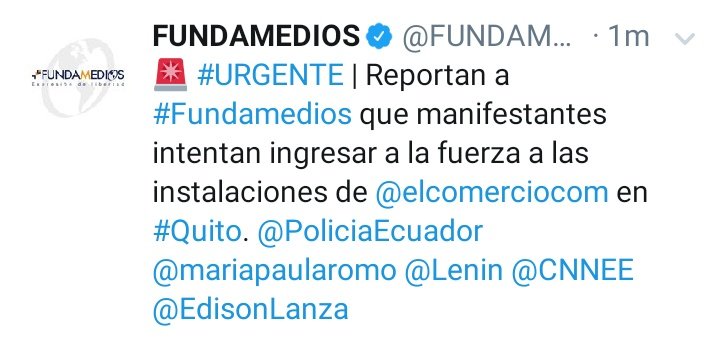 LaPosta_Ecu's tweet photo. #Fundamedios reporta que varios manifestantes tratan de entrar a las instalaciones de #ElComercio en el sur de #Quito https://t.co/yKPjgPfu3S