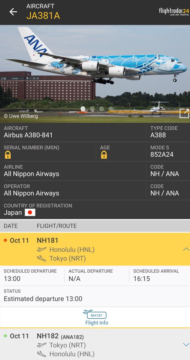 ℳ𝒾𝓏 𝒜𝒾𝓇𝓁𝒾𝓃ℯ 日系エアラインの機材が新千歳 関空 福岡 長崎 鹿児島 ホノルルなどに避難のためフェリーフライトしたが故に 羽田空港から飛行機がいなくなった ふと気になったのでanaのa380 2機はと思ったら 2機共に ホノルル11日発 成田