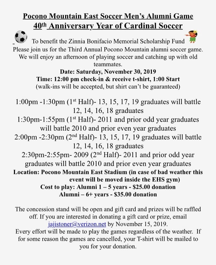 PMEfutbol's tweet photo. All former Cardinal soccer players, the alumni game has been set for November 30. Get your registrations in and start planning to be there! Proceeds go towards the Zinnia Bonifacio Memorial Scholarship so it's for a great cause and it's always great to see former teammates! https://t.co/m0gMvDhE0g