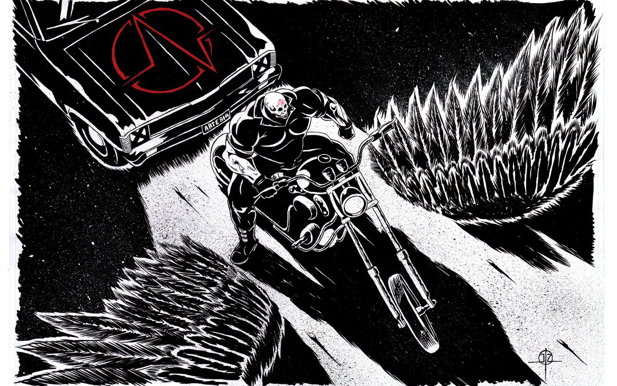 JotaZombie's tweet photo. Some drawing I did for a promotional flyer for a rock band playing on a motorcycles event. Traditional pencils + china ink + Posca PCF 350 red.

#inking #drawing #rockposter #motorcycles #Riders #musclecar #chevynova #chevy #hardrock https://t.co/LIMJrSfMeA