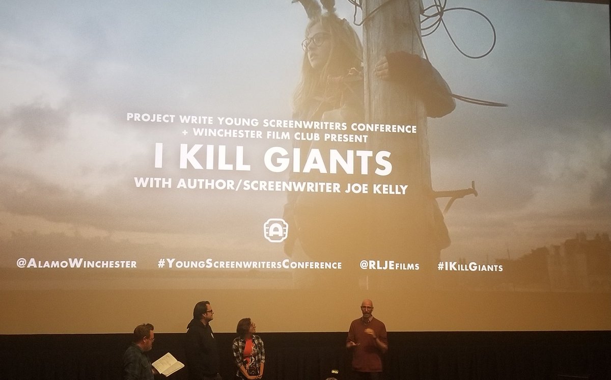 mschelley87's tweet photo. Getting ready to enjoy #ikillgiants with @mtedrow @RhondaLancaster and @hEARAndino. What a way to end the inaugural #youngscreenwritersconference. Ending with a q&a with the screenwriter himself @JoeKellyMOA! Can't wait for next year @ProjectWrite! https://t.co/6tcMVtknPs