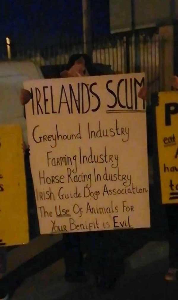 And there is your animal rights folks summed up in two pictures ! Complete morons and they are allowed to show such filth in public . The exports sign guy should have been arrested .