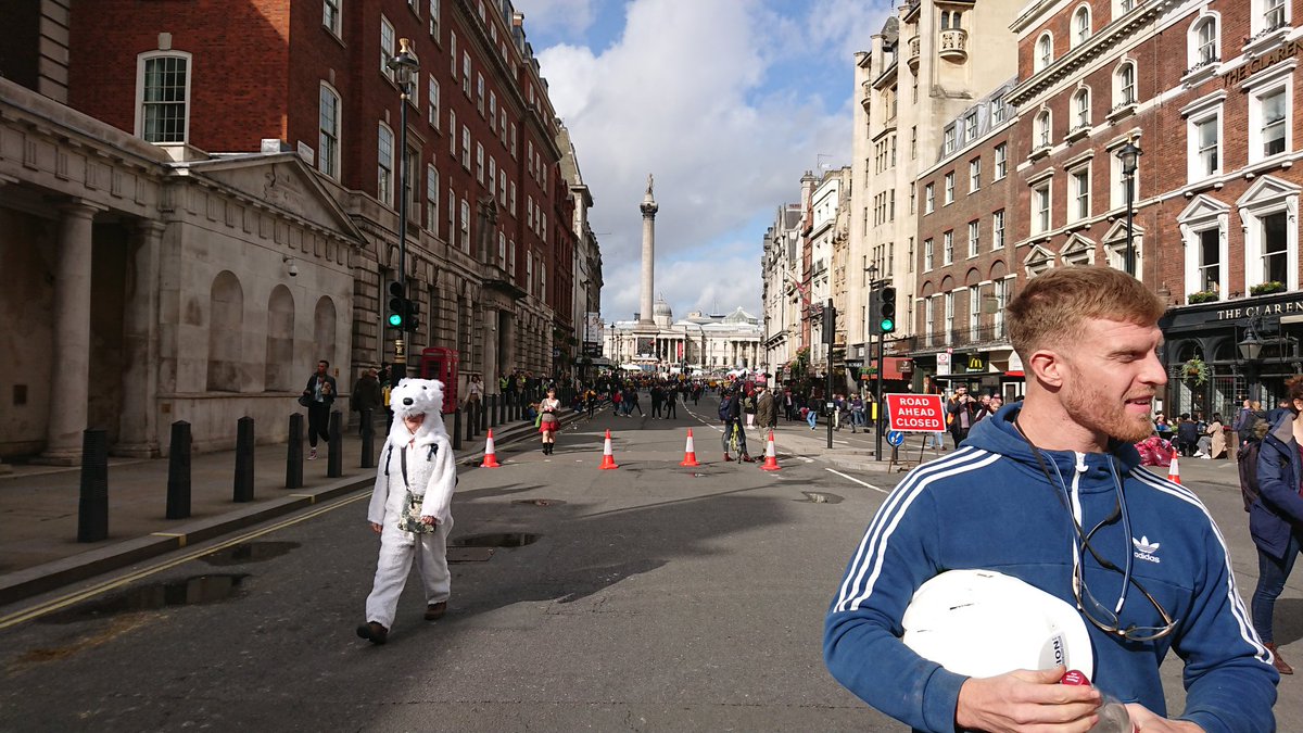 JasonMorell's tweet image. Lone polar bear and man. Extinction Rebellion.Whitehall #ExtinctionRebellion