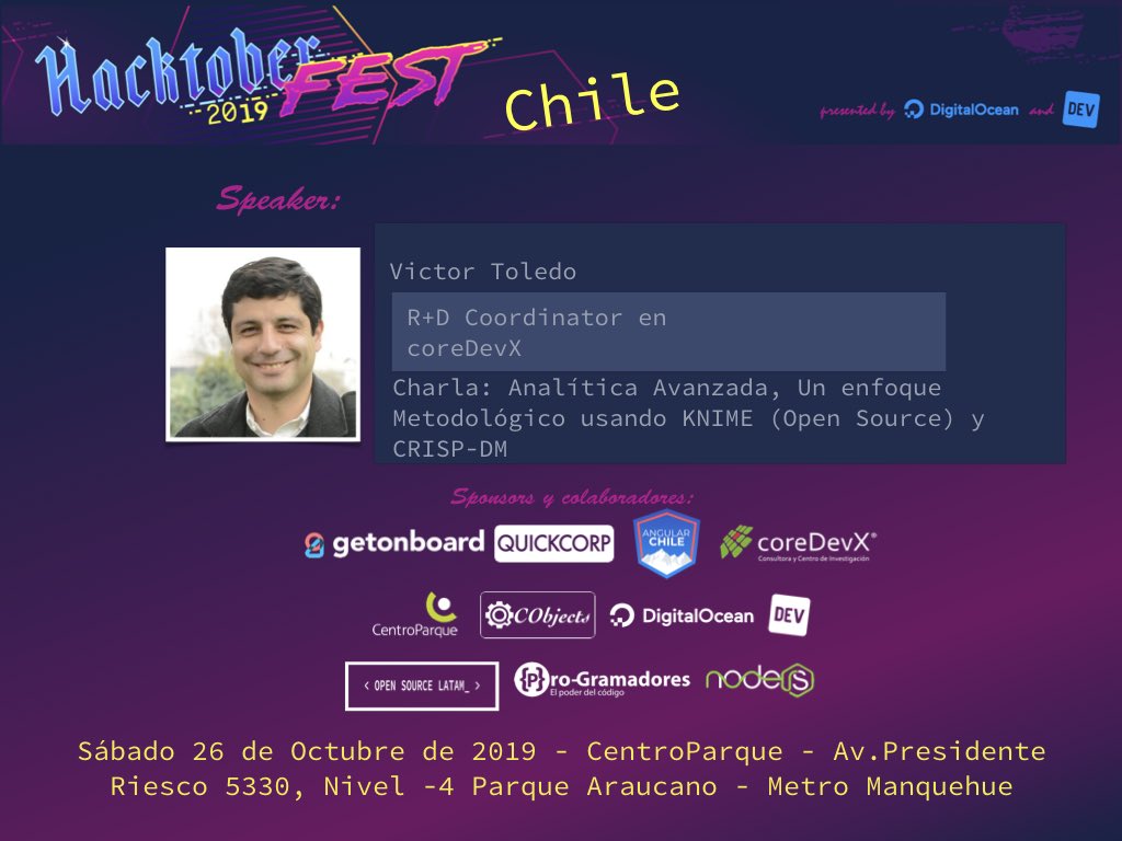 hacktoberfestcl's tweet photo. Victor Toledo estará presente en Hacktoberfest Chile este Sábado 26 de Octubre en Centro de Eventos y Convenciones CentroParque, ubicado en Parque Araucano, hablándonos sobre Analítica Avanzada y Open Source.

#hacktoberfest   #opensource  #chile #santiago 
#parquearaucano https://t.co/vmCfpJTPzp
