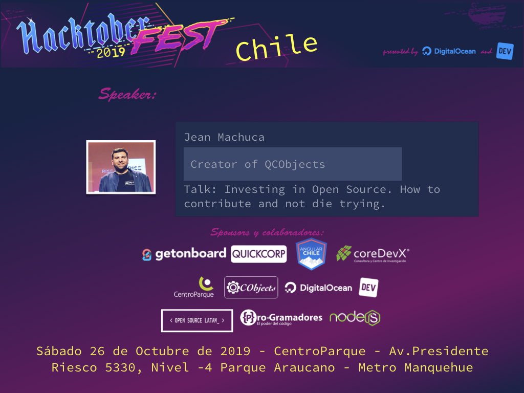hacktoberfestcl's tweet photo. @jeanmachuca is gonna be in the Hacktoberfest Chile this Saturday October’s 26 ! In CentroParque Convention Center in Santiago of Chile, talking about the ways to invest in OpenSource

#hacktoberfest #hacktoberfestchile #hacktoberfest2019 #opensource   #websummit #riseconf #chile https://t.co/OaNv9ZL0tf