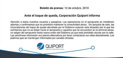 Almagro_USA2015's tweet photo. Me reportan total normalidad en Quito: quienes lleguen en avión a la capital no pueden salir del aeropuerto, y quienes estén en camino para tomar algún vuelo deben volver a sus casas para evitar ser arrestados https://t.co/NJ1l9Y2Qfa