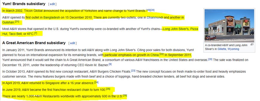 Oh, it gets better. The Co has a number of subsidiary companies. Lets take a look shall we. A&W Restaurants is one. Tac0 Bell, L0ng J0hn Slvrs, KFC. 2019 new business adventures in Singapore?