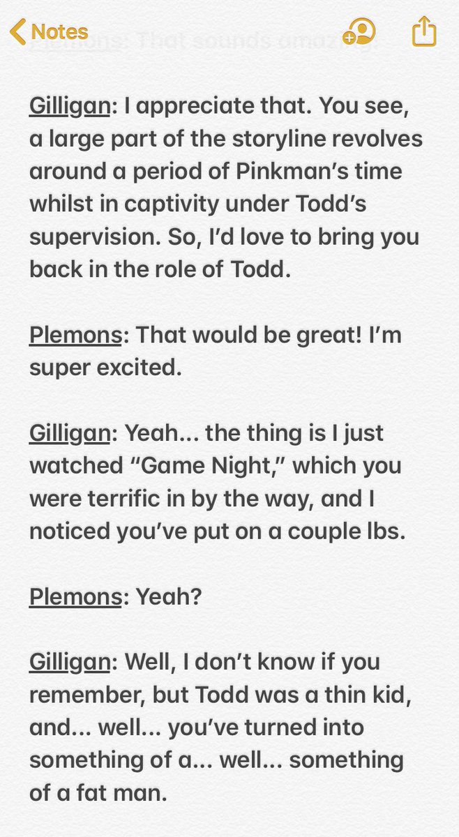 BTripIII's tweet photo. Transcript of Vince Gilligan’s phone call to Jesse Plemons prior to the production of #ElCamino #BreakingBad #BreakingBadAFilm #BreakingBadMovie #Todd #FatDamon https://t.co/CwcAlEJwXX