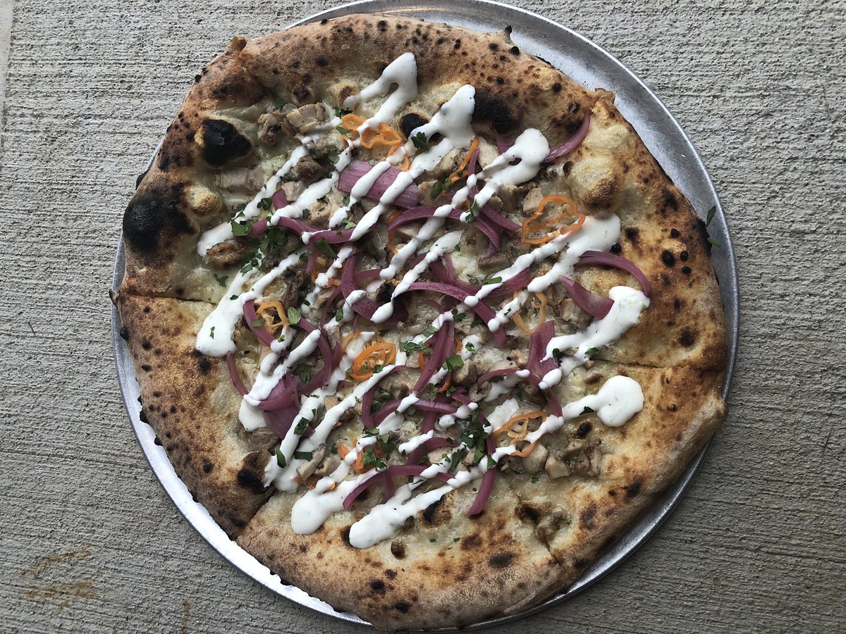 Jerk Chicken Pizza...house smoked jerk chicken, cheddar, pickled red onion, creme fraiche, cilantro #naturallyleavenedpizza #kingdough #kingdoughpizza #kingdoughindy