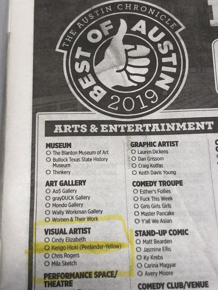 peeyellow's tweet photo. Check this out!!! I got nominated “Visual Artist” from @AustinChronicle!!!
Ohhh Yeahhh!!! I can say “I live in Austin” now!!!!!!
#peelanderz #peelanderyellow #austin #iliveinaustin https://t.co/B3G0e6ZfYu