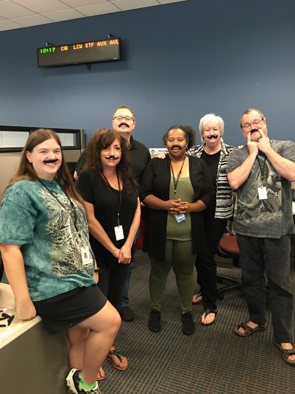 Wayne_OPFLDSL's tweet photo. Team Flanagan in the Orange Park DSL center on the final day of CSW. Mustache Day! #BeProudCSW2019 #attemployee #DSL #P2BY #TechCareTweets https://t.co/CM8i2Z9brk
