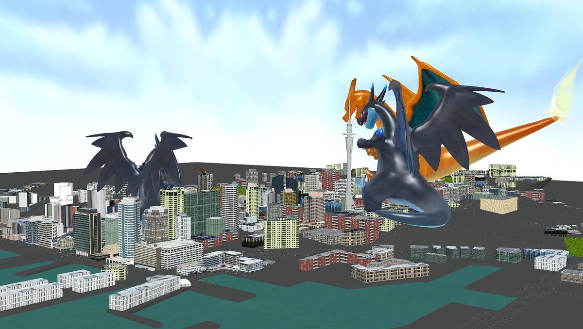 シュウ Twitter પર 街中で暴れる巨大リザードン ポッ拳モデル の群れ リザードンが街で暴れている感じをだしてみた