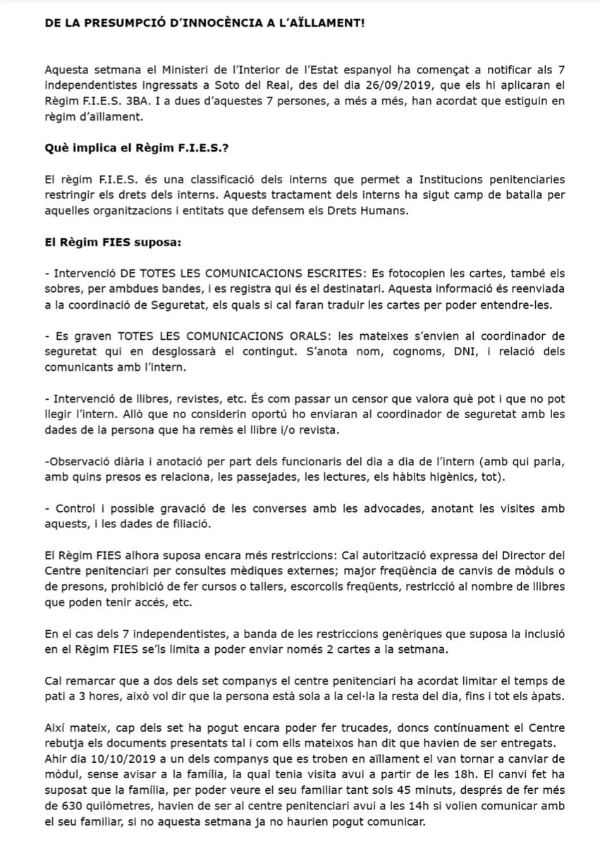 AlertaSolidaria's tweet photo. De la presumpció d'innocència a l'aïllament.Dia a dia els drets de @Detingudes23S
Són vulnerats.Un dels companys presos porta més de 15 dies sense poder veure's amb el nostre advocat que va designar. Hem presentat escrits, queixes al poder judicial, trucades diàries, cap resposta https://t.co/GqnxYjYdrC