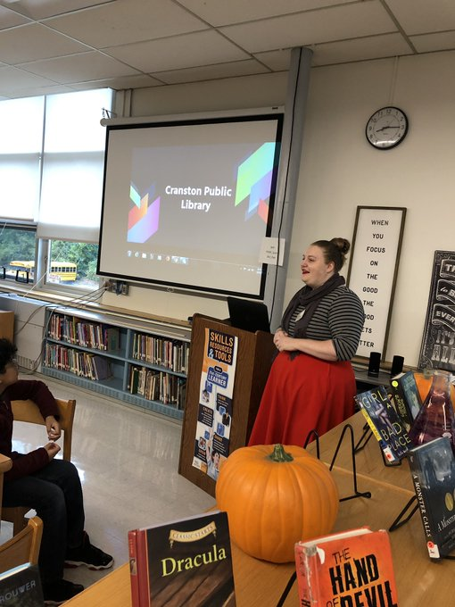 SchLibRI's tweet photo. RT @PVMSLibraryRI A great visit from
@alyssa_taft and @CranstonLibrary to highlight what the library can do for students! #communityessential https://t.co/xAphlgvaxa