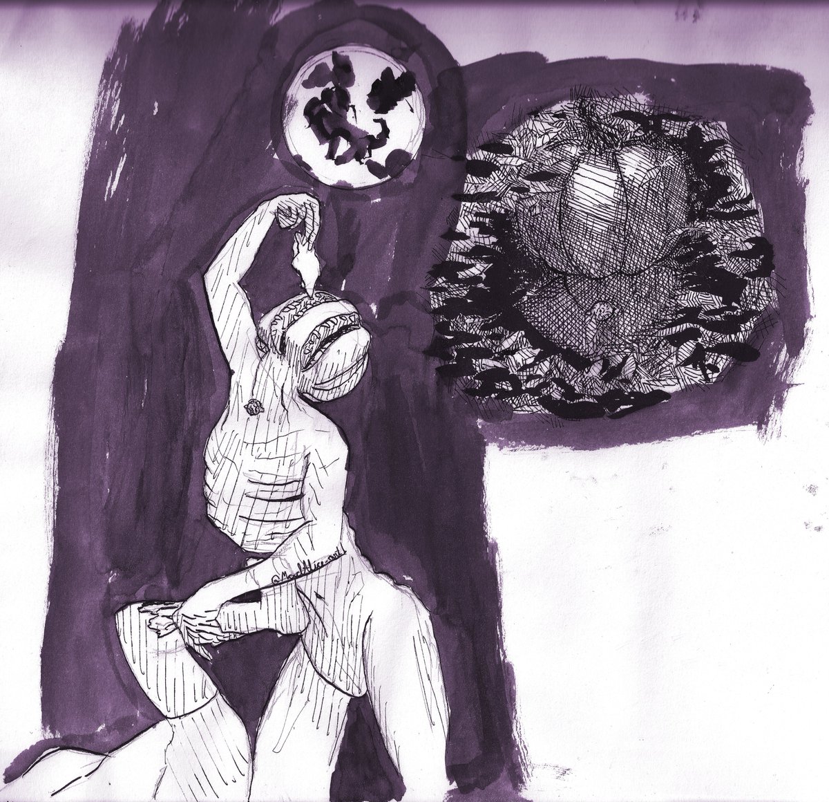 MadAlice_art's tweet photo. #Inktoberday12 "If you're out at night, and see a pumpkin that's out of place... Run." The prompt was pumpkin headed monster. And yes, it does look like the Demogorgon in Stranger Danger https://t.co/SeEyVIT0qr