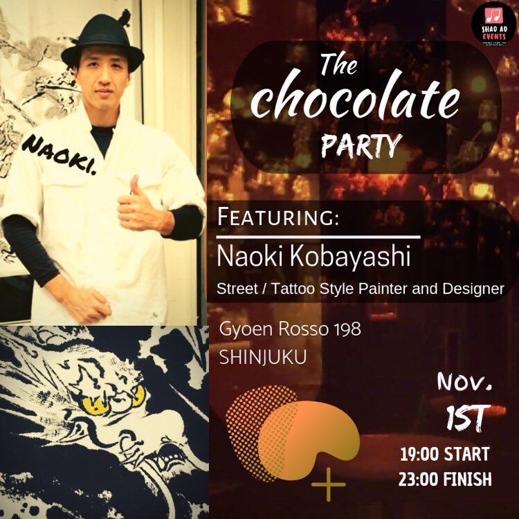 EventsShad's tweet photo. NAOKI KOBAYASHI
-Street / Tattoo Style Painter and Designer
https://t.co/pN2FCuhARQ

¥3000 Entry (Includes Chocolate Service and a glass of red wine)⠀⠀
⠀⠀
Party Page:⠀⠀
https://t.co/xRnFbeKJxK⠀
⠀⠀
#chocolate #djs #livepainting #candyart #fondue #soul #shinjuku #painting https://t.co/GZIE0rLi0x