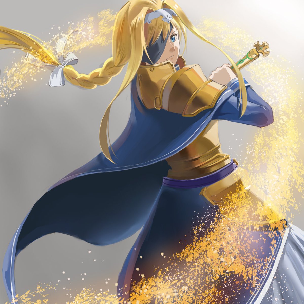 alice zuberg 1girl blonde hair long hair solo blue cape holding sword eyepatch  illustration images