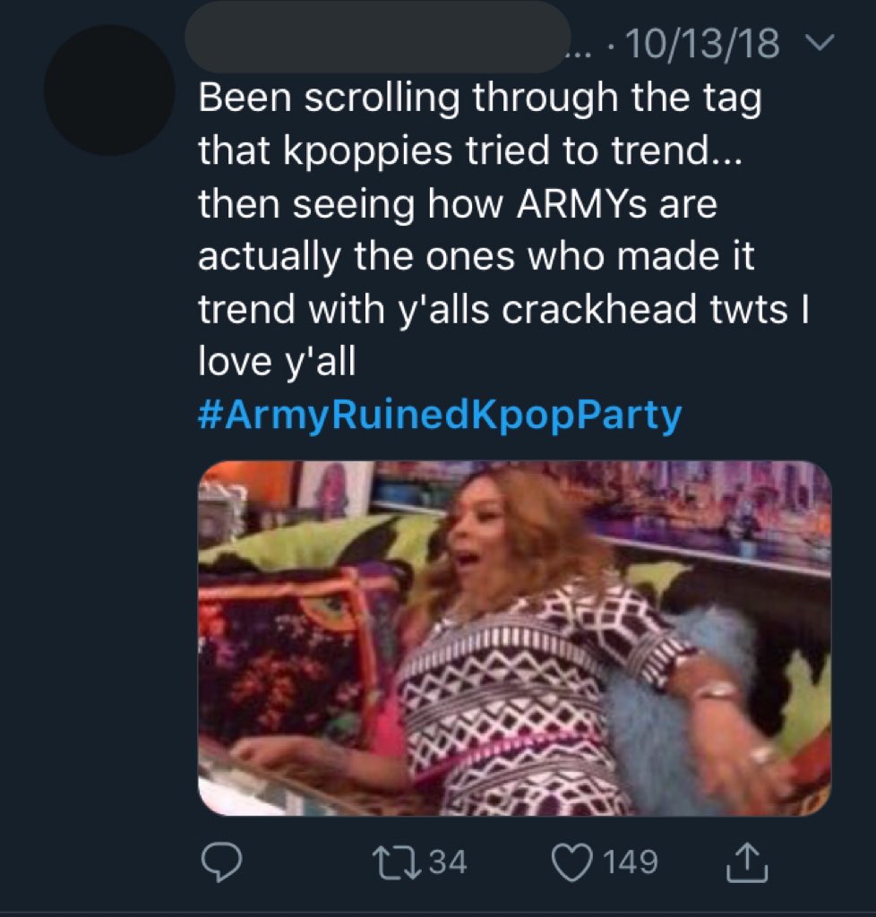 But ARMYs were starting to notice after looking into it more that it wasn’t antis who started the tag. Yes, ARMY started the #/ARMYsRuinedKpopParty tag. Sorry not sorry. What we didn’t know is that we were about to get “kicked out of kp0p”. 
