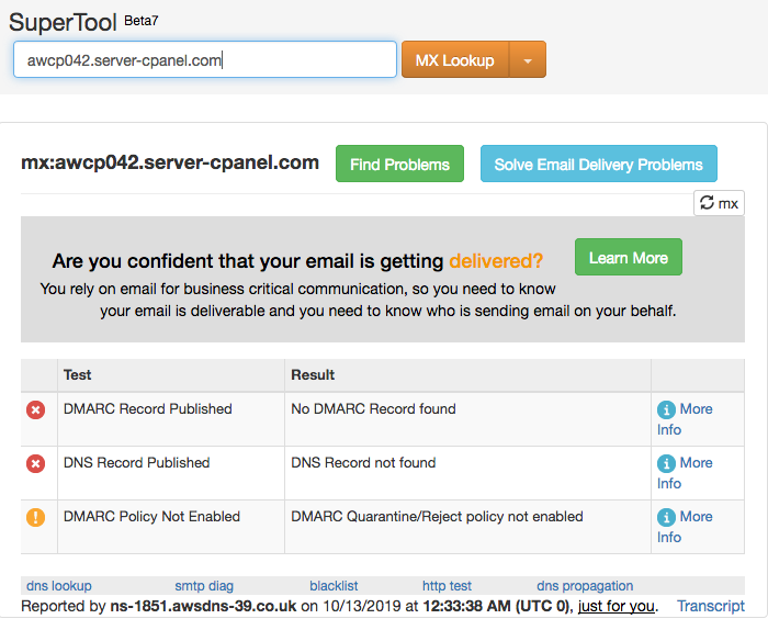 MarcJar's tweet image. Hey @netregistry Netregistry. Since 4 Oct the new mail server awcp042.server-cpanel.com has been terrible! Quick check on #mxtoolbox throws up no DMARK &amp;amp; no DNS Record found! @NetregistryFail 
☹️☹️