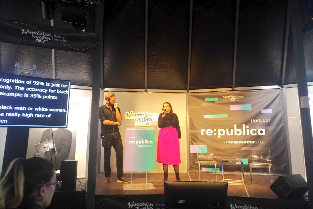 jonische's tweet image. Interesting debate at re:publica in Portland by @saelhoff &amp;amp; @anncathrin87 on chances and risks of AI in security. 
#rpPortland