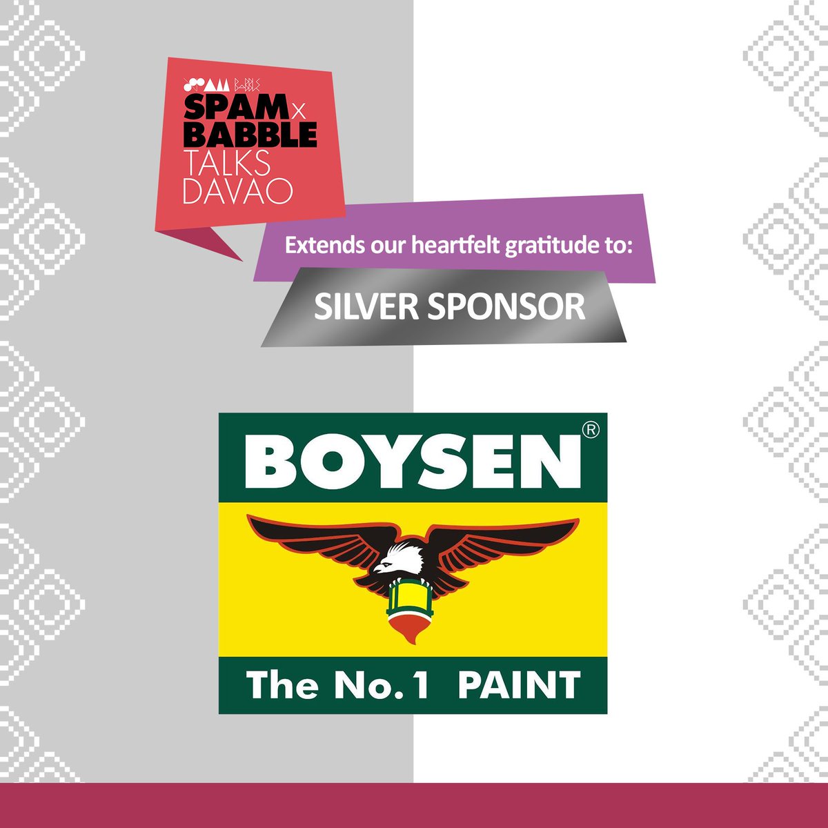 SKSInt's tweet image. We would like to extend our heartfelt gratitude to BOYSEN for being a SILVER Sponsor for the SPAM x BABBLE TALKS DAVAO. 👏👏

Register with us today at SKS Interiors or through this link buff.ly/2nmilwy

#spamxbabbletalksdavao2019
#sksinteriors
#davaocity
#lifeishere