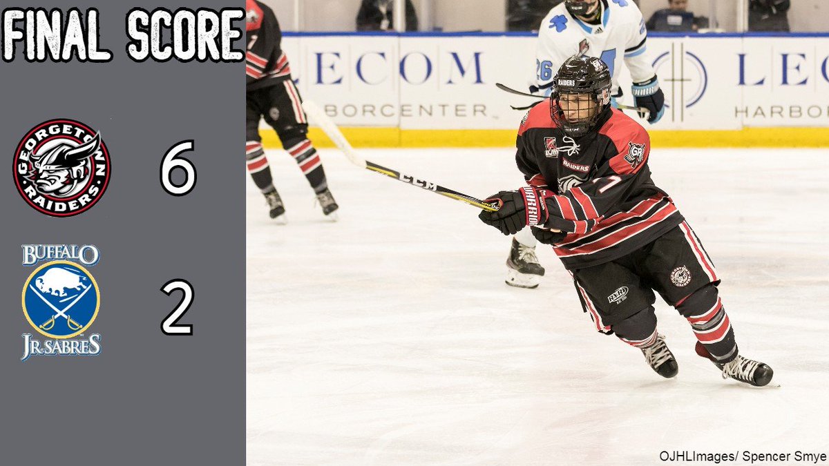 🚨FINAL SCORE 🚨

The Raiders win 6-2 over the <a href="/JrSabresOJHL/">Buffalo Jr. Sabres</a>!!! 

Your Raiders had SIX different Goal Scorers in; Spencer Hazell, Ethan Ritchie, Grant Spence, Graeme McCrory, Justin Paul and Mitchell Hewitson!

Vendette with 33 saves for the win!