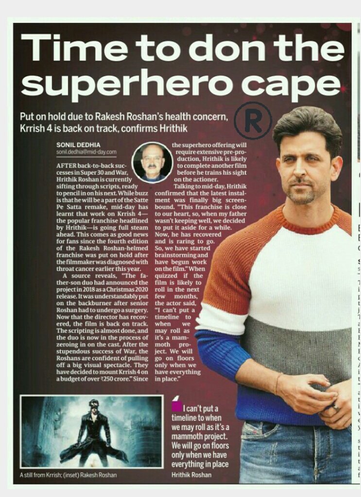 imshiva17's tweet image. Time to don the 
  superhero cape.. #HrithikRoshan
Put on hold due
   to @RakeshRoshan_N health concern,  #Krish4 is back on
  track,  confirms @iHrithik