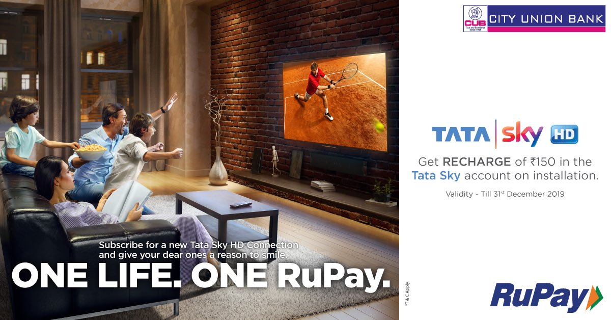 cubltd's tweet image. Subscribe for a new Tata Sky HD Connection and get RECHARGE of ₹150 in the Tata Sky account on installation this festive season using your CUB Rupay Card 
#cubltd #cityunionbank #OneLifeOneRuPay #CUBRuPayOffers