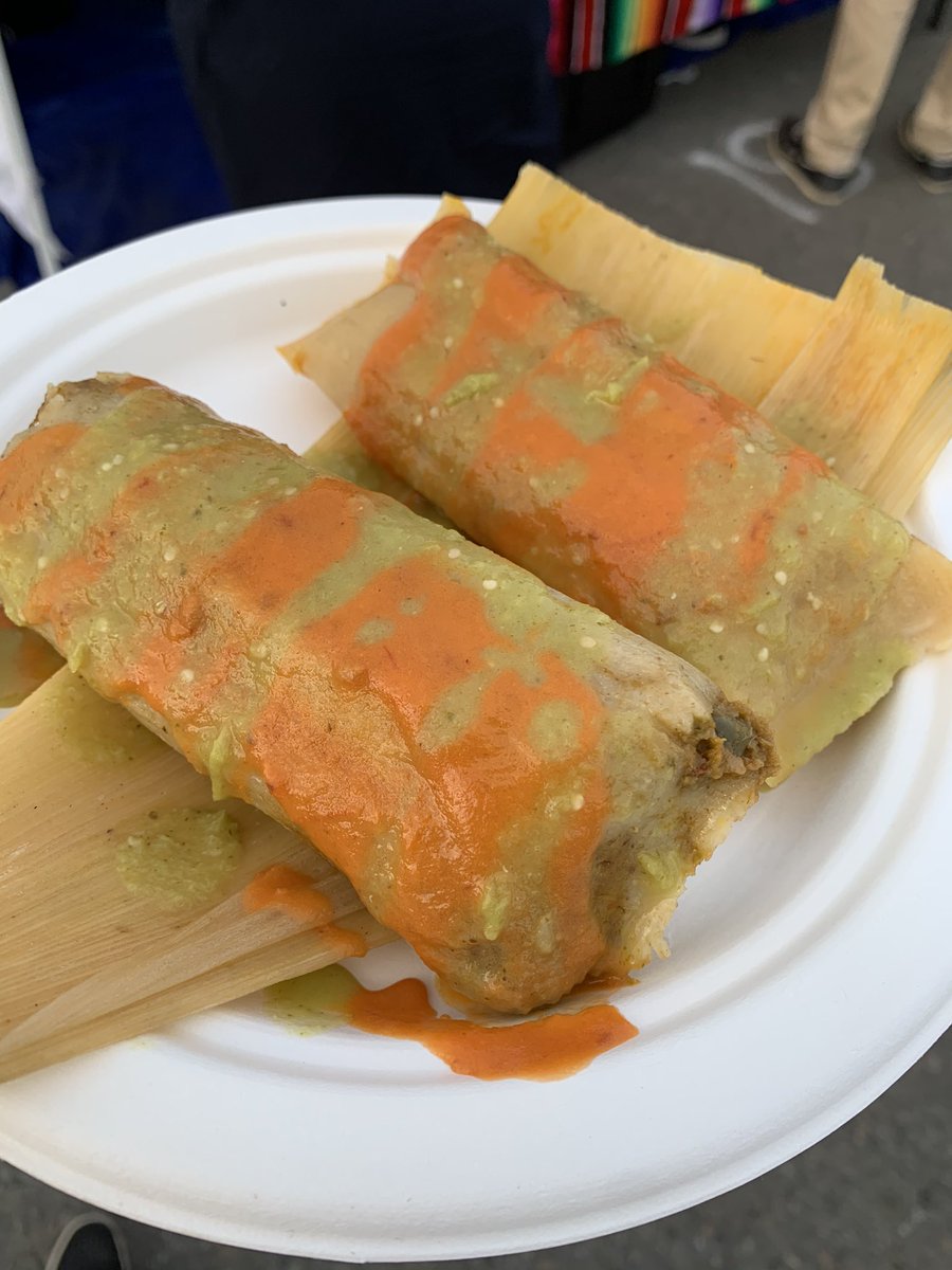 A few of the #delicious #foods (&amp; the best shirt) <a href="/keithth/">Keith Thienemann</a> &amp; I got at @streetfoodsf put on by @LaCocinasf at #ThePowerStation in #SanFrancisco. #glutenfree #foodfestival #tamales #tatertots #eatingmywaythroughthebay @noimmigrantsnospice @quintal_bcf @aliciatamaleslosmayas
