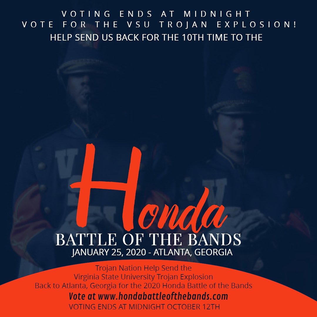 VSU_Explosion's tweet photo. Vote until midnight to help send the #VSU Trojan Explosion back for a 10th performance at the Honda Battle of the Bands @the_honda
Vote at https://t.co/gJj6BrS5ou
#hbotb #hbotb2020 #hondabattleofthebands
#bestbandintheciaa
#vsutrojanexplosion #trojanexplosionmarchingband https://t.co/AQUNi0D0qd