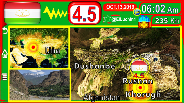 elluchin1's tweet photo. 🇹🇯➡##Temblor 4.5⚡ #USGS 🚩#Roshtqal a a 33 Kms al Este 
⏱06:02 Am Mañana #Tayikistan🇹🇯#13deOctubre

INTERMEDIO🔰133 Kms

#Rushan #Rusho
#Tajikistan🇹🇯
#FelizDomingo #Sismo  
#13Oct #Earthquake  
#Asian #Asia https://t.co/C9NvSukQwi