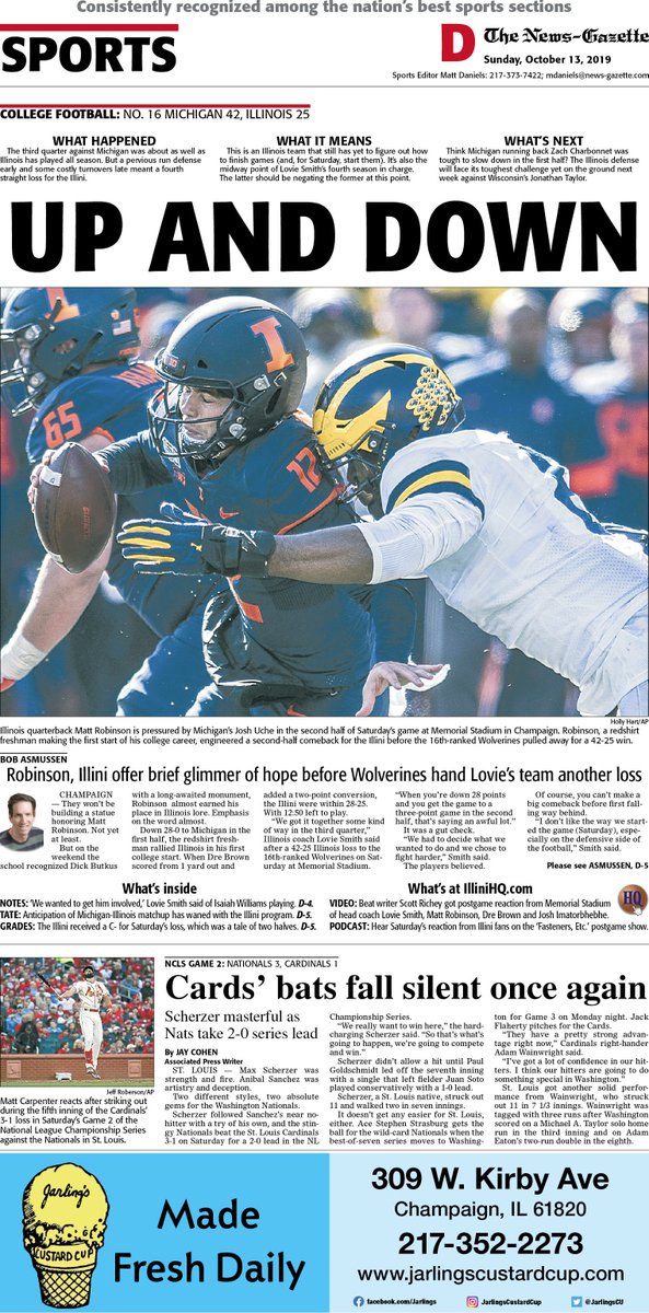 IlliniHQ's tweet photo. Sunday's N-G sports cover features @BobAsmussen on @IlliniFootball and #STLvsWAS in #NLCSGame2 with more from Asmussen, @srrichey and @Tatelines on the #Illini inside.
@APSE_sportmedia https://t.co/SQTY7sh7d3