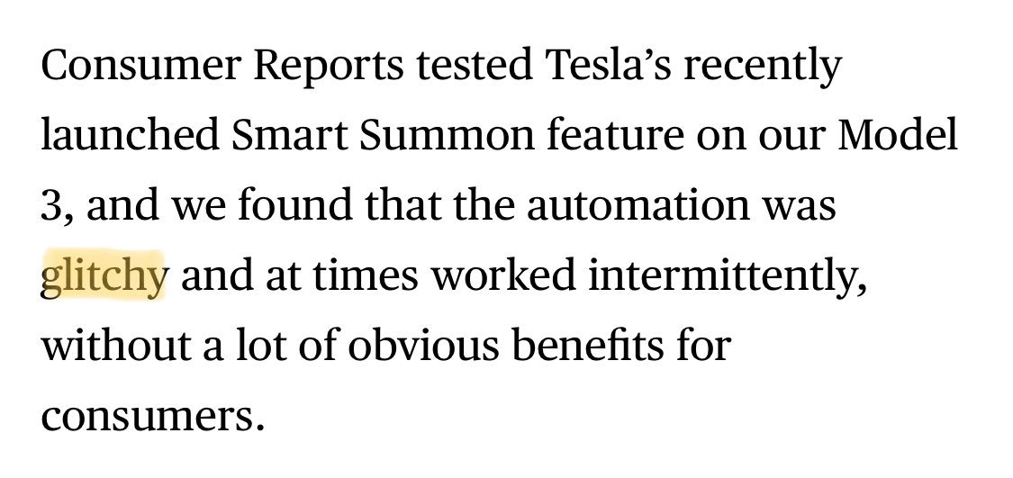 bhpascal's tweet image. Consumer Reports calls the Tesla Smart Summon feature “glitchy.” This is a fascinating euphemism for “criminally negligent.” consumerreports.org/automotive-tec…