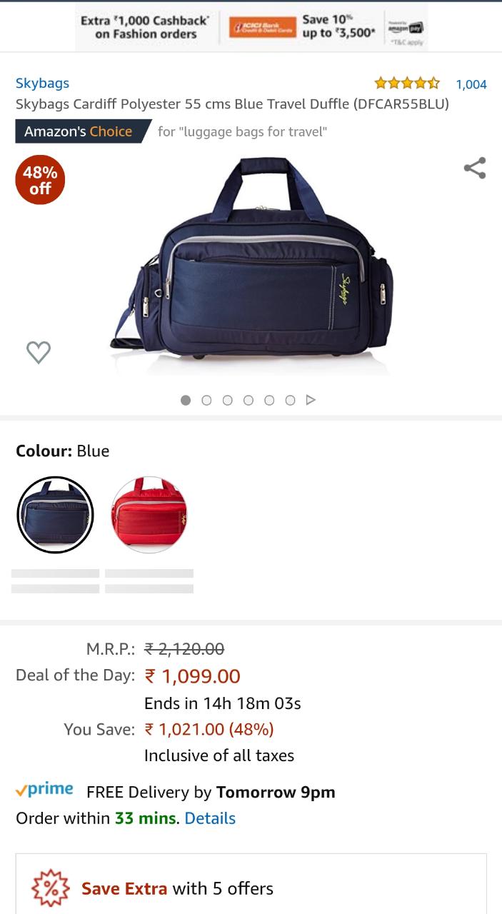 skybags cardiff polyester 55 cms blue travel duffle