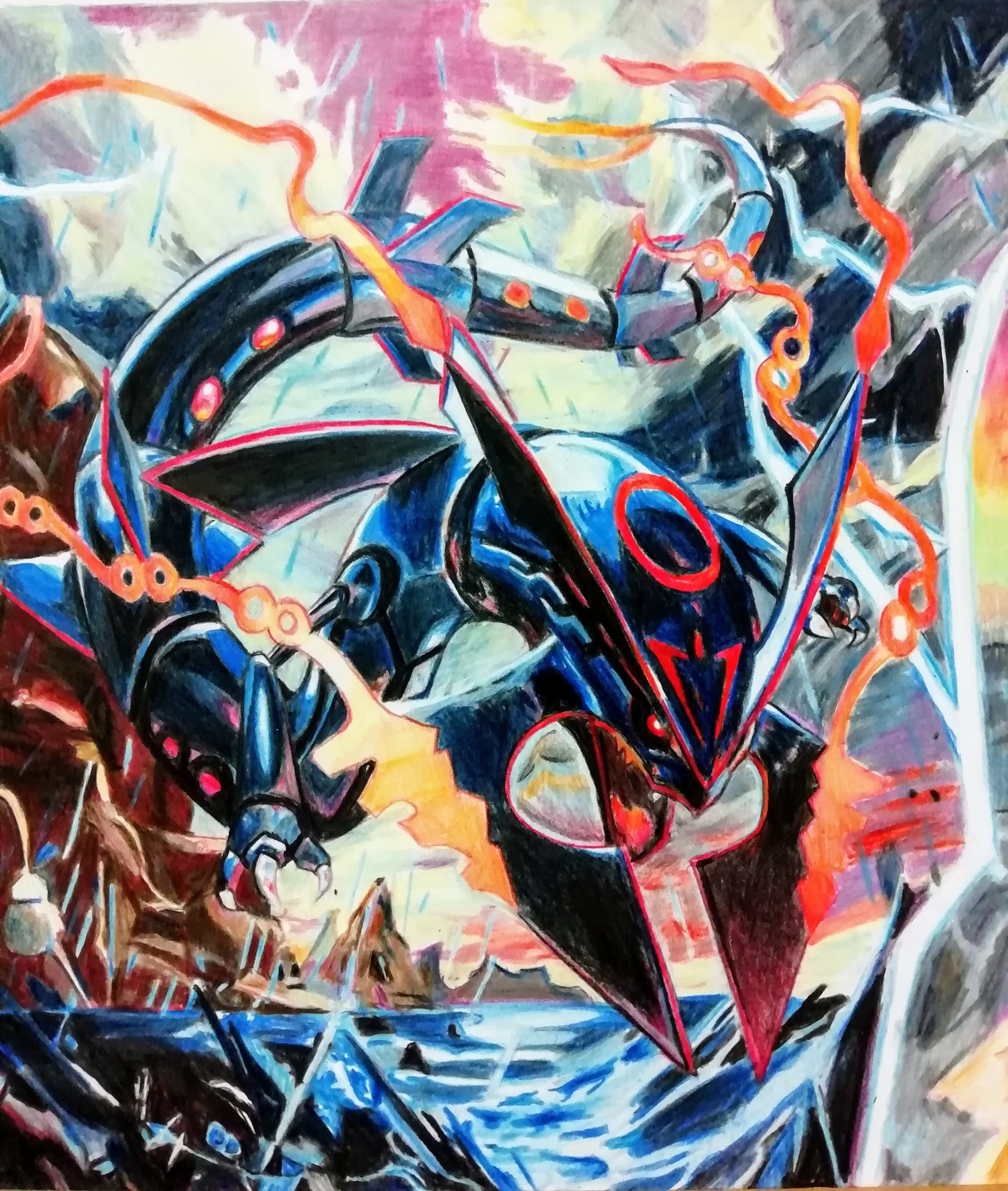 スカイカラット 色鉛筆で色違いのメガレックウザ描きました T Co W00oo4wnn5 Twitter