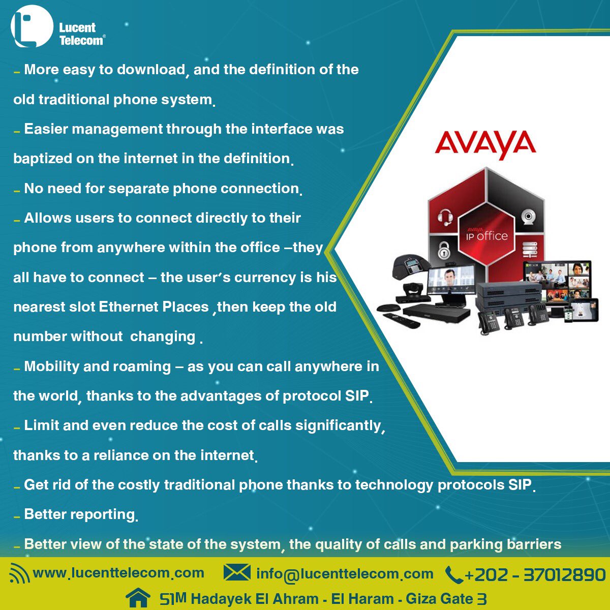 lucenttelecom's tweet photo. IP Telephony is transforming the way we communicate. It provides businesses with ehanced communication tools to better serve their customers and get the most out of their work force.For If you have any questions, please feel free to contact us.+20237012890
#Lucent_telecom #Avaya https://t.co/SPIMdXWxv2
