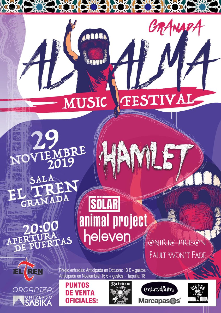 MAGVFly's tweet photo. #AlAlmAMusicFestival: #Hamlet #Heleven #FaultWontFade #Sölar #OniricPrison y #AnimalProject, Viernes 29 de #Noviembre en la #SalaElTren de #Granada
.
.
#AlAlmA #AlAlmAFest #EnDirecto #BerlinTour #Berlin #MedusasLoveStory #Insurrection #Metamorfé #Primate #Sabika #UniversoSabika https://t.co/rAv5Mutc0Q