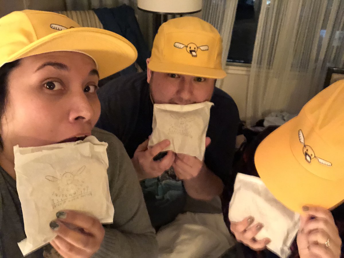 FanaticalFics's tweet photo. Your new favorite @Snitchwiches stan account is at it again! Just got some #broomservice and had to wear our hats to receive it because #brandloyalty #catchitinyourmouth https://t.co/7mo1jXfx79