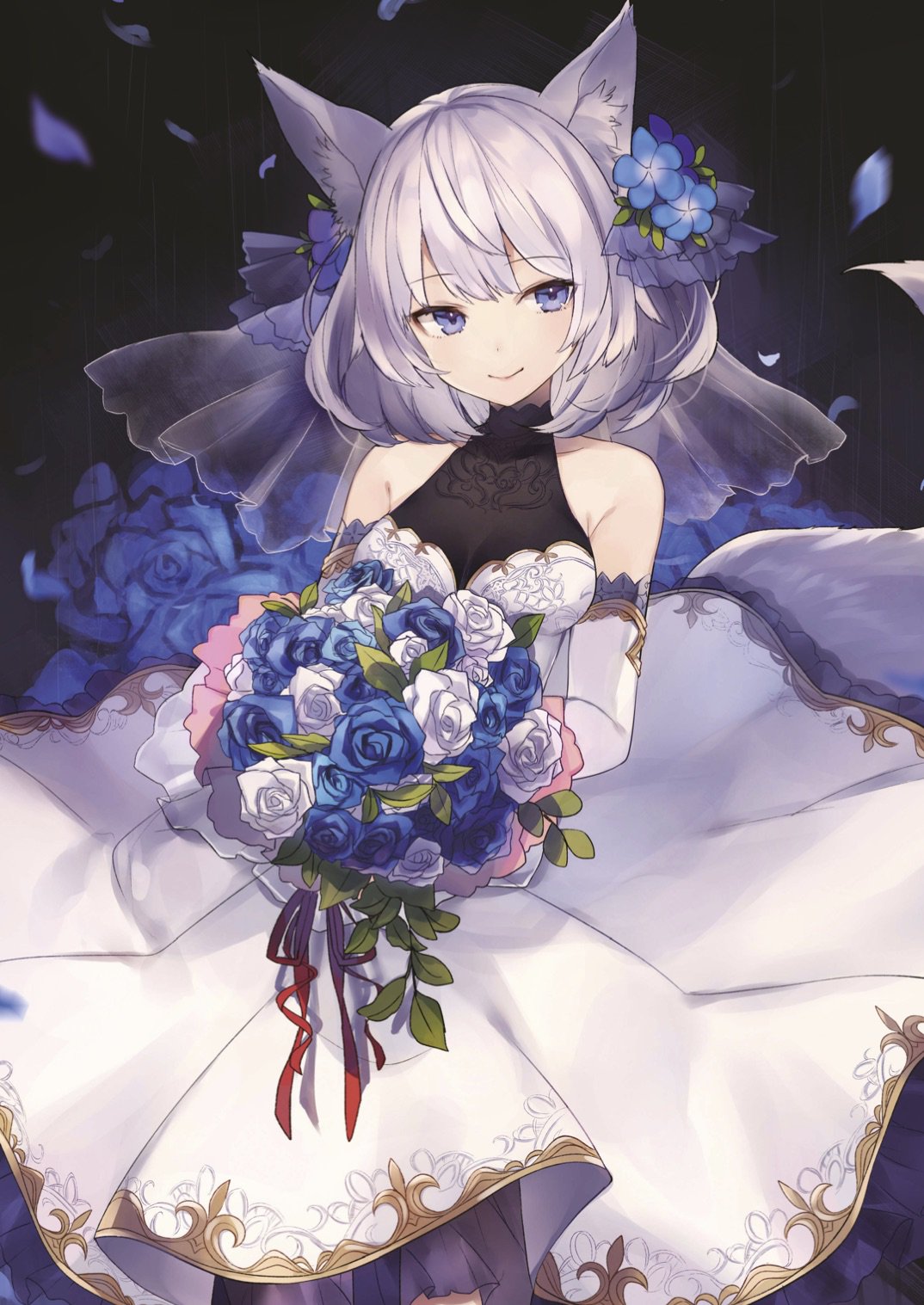 玄光社 超描けるシリーズ Twitterissa 超描ネタ帳 しゅがおさん Haru Sugar02 の描いたケモミミキャラクターのドレス姿 憂いを帯びたような表情がとってもクール 青いバラのブーケもかっこいいですね ケモミミキャラクターデザイン