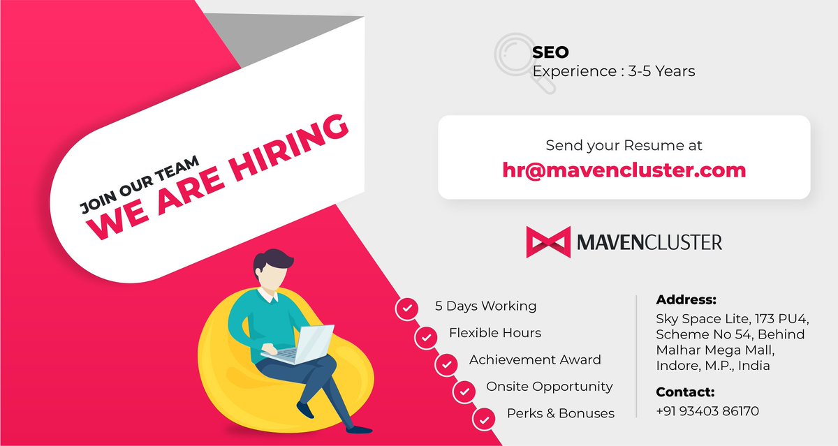 ShawezITsales's tweet photo. We are hiring for Sr. SEO Expert🧐

▪3-4 years experience
▪Indore Location 🇮🇳
▪Ready to join immediately

🤹Work life balance 🤸 with 5 working days and flexible timing.🕓

#JobOpening #hiring #mavencluster #lifeatmavencluster #wearehiring #lookingforjob #currentopening https://t.co/l1gL5WAT6O