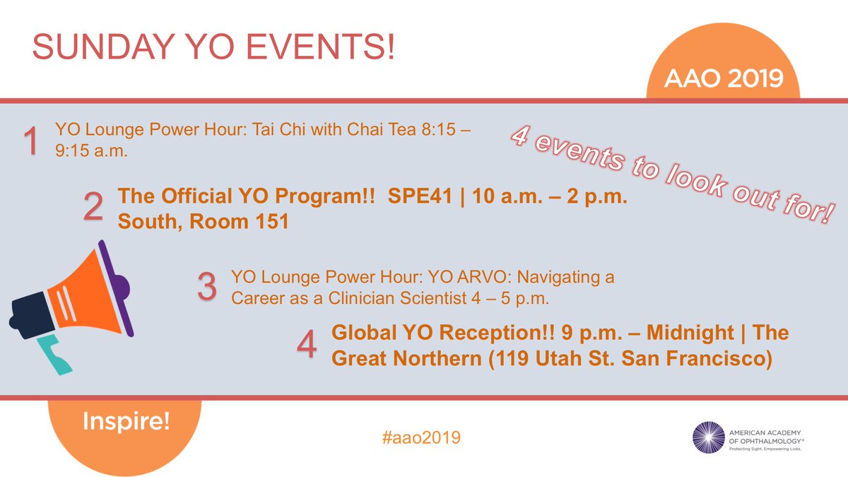 macularstar's tweet photo. Get ready for Sunday’s events for #YoungOphthalmologists! Start off with a wellness focus at 8:15 Tai Chi & Chai Tea. Then head to the #YOProgram at 10am & return to the #YO lounge at 4p for YO ARVO! And get rested for the Global YO Reception (party) at 9pm! #aaoyo #AAO2019 https://t.co/xpwMNfWRq6