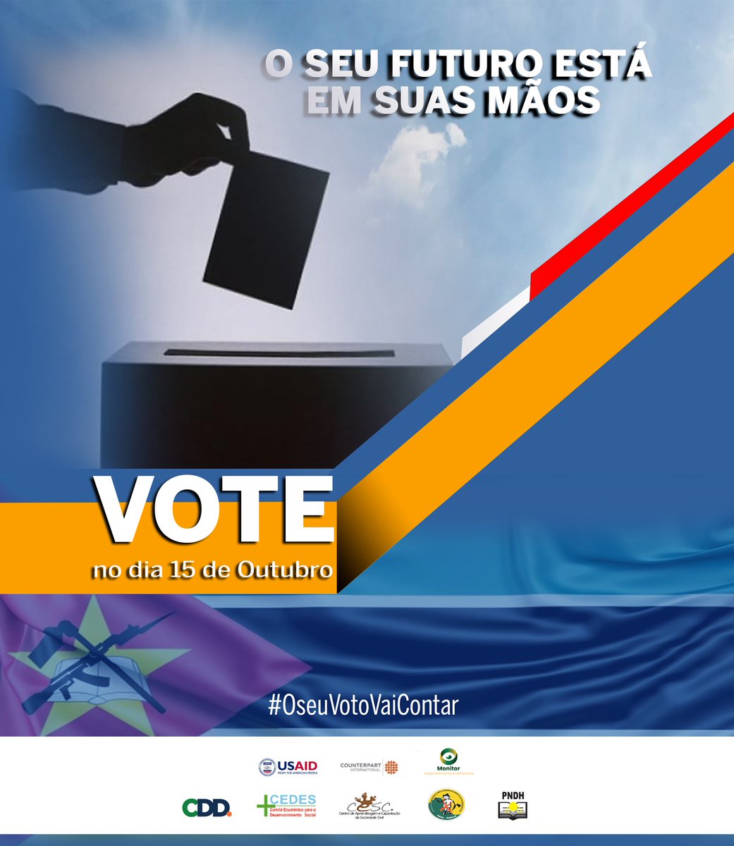 CDD_Eleicoes's tweet photo. Faltam dois dias para o dia de votação.
O dever cívico chama a todos os eleitores moçambicanos.
Vá ao posto de votação e exerça o seu poder de escolha dos destinos do país.
O voto é secreto.
#Eleicoes2019🇲🇿 
#MozElections2019
#OseuVotoVaiContar 
@USAIDMozambique 
@counterpartint https://t.co/V16s3YvBTz
