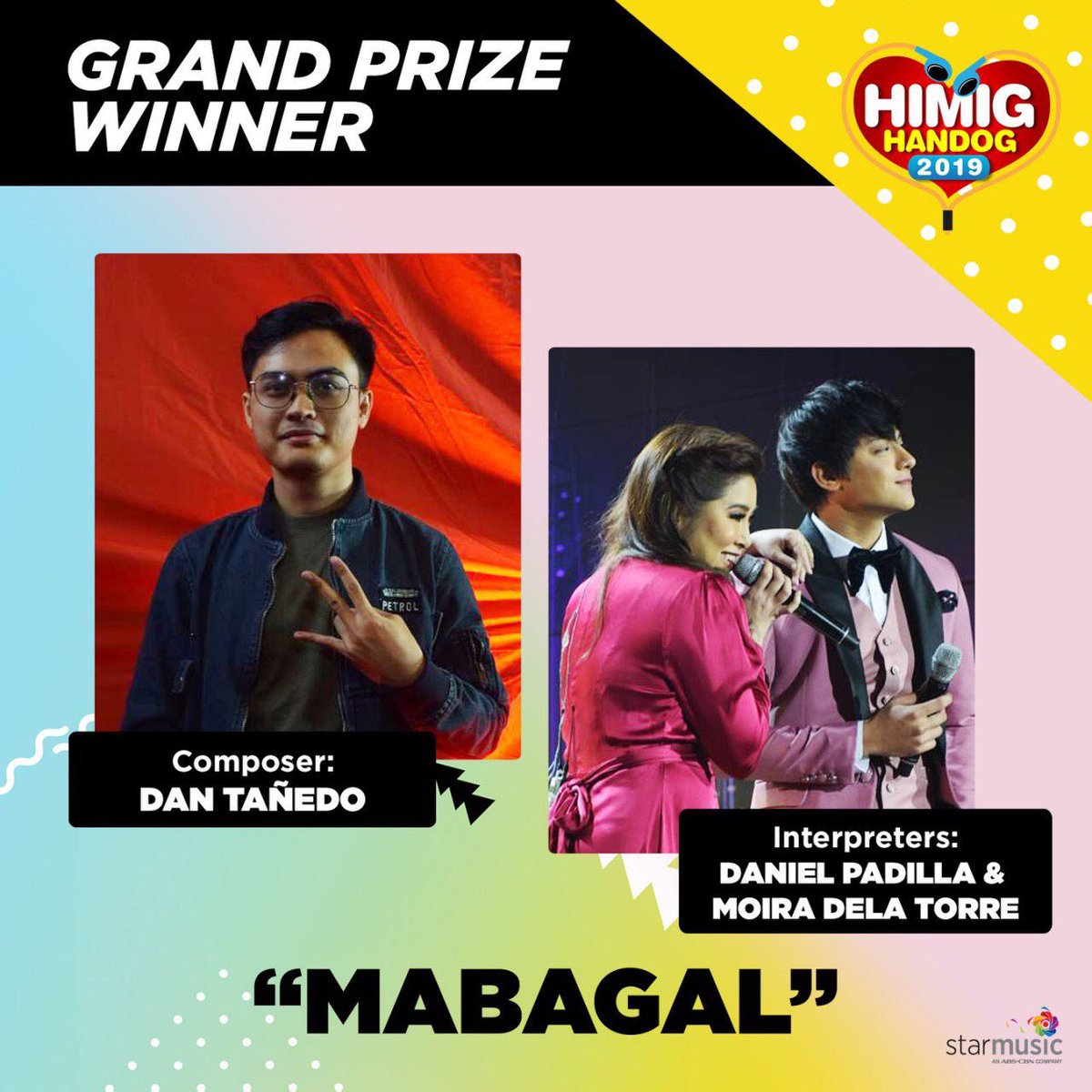 5/5 Special Awards: MOR’s Choice Best Music Video One Music’s Favorite Interpreter Star Music’s Choice for Produced Track Listener’s Choice Himig Handog 2019 Grand Winner 🏆 CONGRATS TEAM MABAGAL/JOHNNY MOONLIGHT! SO PROUD OF YOU!😭🙌🏻 @imdanielpadilla #MABAGALbyDJPxMoiraHH2019