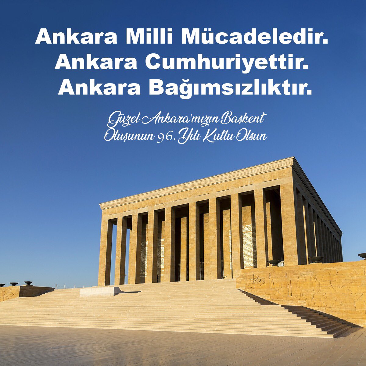 Millî Mücadelemize ev sahipliği yapan, bağımsızlık ve özgürlük mücadelemize şahitlik eden, güzel Ankara’mızın başkent oluşunun 96. yılı kutlu olsun. #13ekim #ankara #başkent