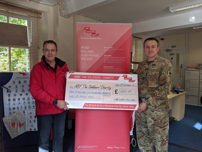 Raising money for @Soldierscharity #charity 

Charity fundraiser @MarkHillMBE handing-over a large cheque (£1600-69) to @ABFbarney in #CatterickGarrison earlier this week #BeInspired 

@BFBSCatterick @totallykeen @familiesPTSD @AwardsVeterans @BritishArmy @ArmySportsLTRY 😀