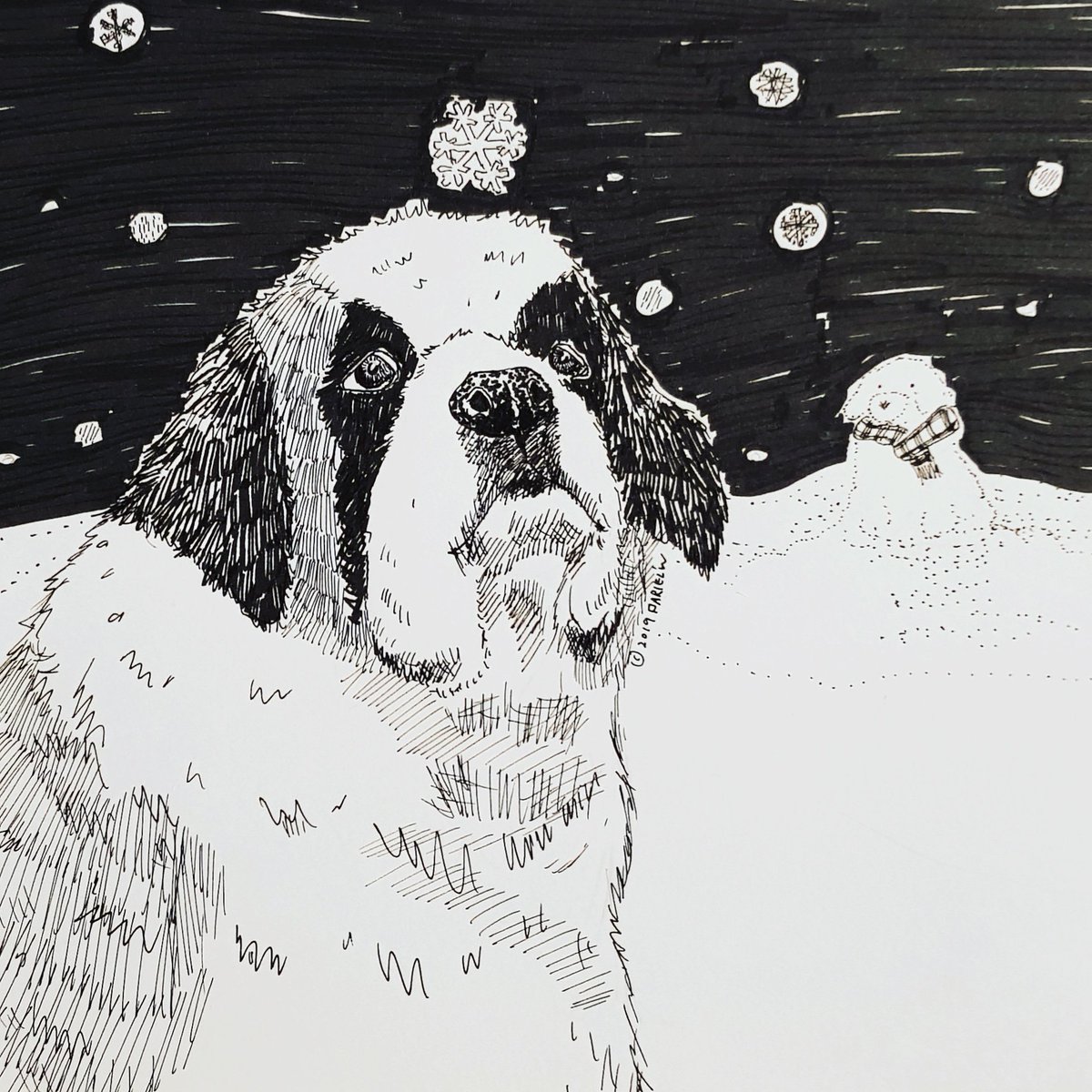 PaintingCritter's tweet photo. #Inktober Day 11: Snow
Have always loved the stories of St Bernard dogs rescuing people trapped in snow. While it seems they didn't actually wear those cute whisky barrels round their necks, they did carry rescue packs. They are also gentle giants. #Inktober2019 #StBernardDog https://t.co/l7la5u83V5