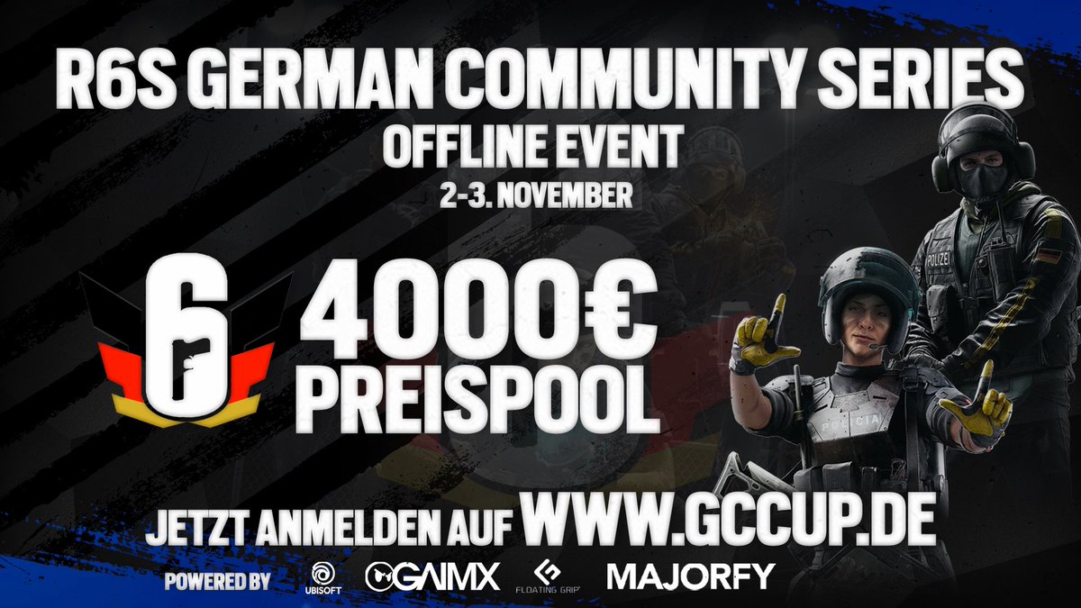 ⚠️R6S German Community Series
++ Preispool Erhöhung auf 4000€ ++

Team &amp; Zuschauer Ticket‘s zu finden auf:
>> gccup.de/turnier/61
20 Tage bis zur nächsten #gccuplan 🎉
🚨🚨🚨ARE YOU READY ? 🚨🚨🚨

powered by: <a href="/RainbowSixDE/">Rainbow Six Siege DE</a> @gaimx_germany <a href="/Floatinggrip/">FLOATING GRIP®</a> <a href="/MAJORFYDE/">MAJORFY</a>