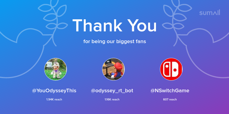 MasonJayTW's tweet photo. Our biggest fans this week: YouOdysseyThis, odyssey_rt_bot, NSwitchGame. Thank you! via https://t.co/7gv8XgyzKY https://t.co/dVancLyvWz